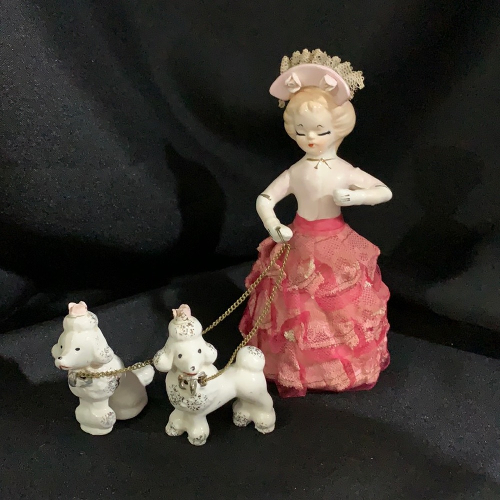 VINTAGE TILSO Lady Figurine with Poodles on Chains